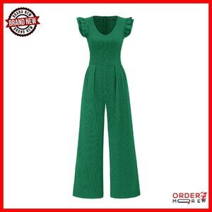 Ribbed Knit Wide Leg Jumpsuit with Ruffle Cap Sleeves & V-Neck